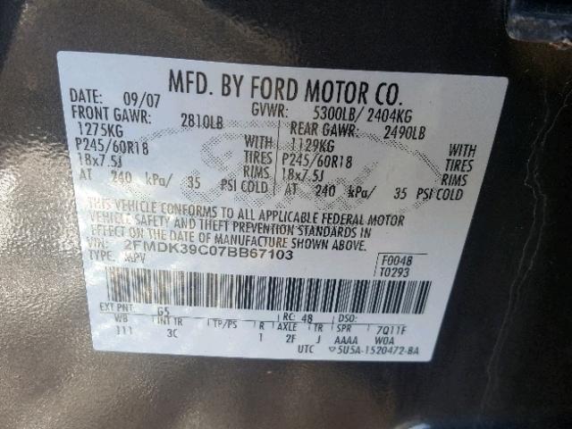 2FMDK39C07BB67103 - 2007 FORD EDGE SEL P CHARCOAL photo 10