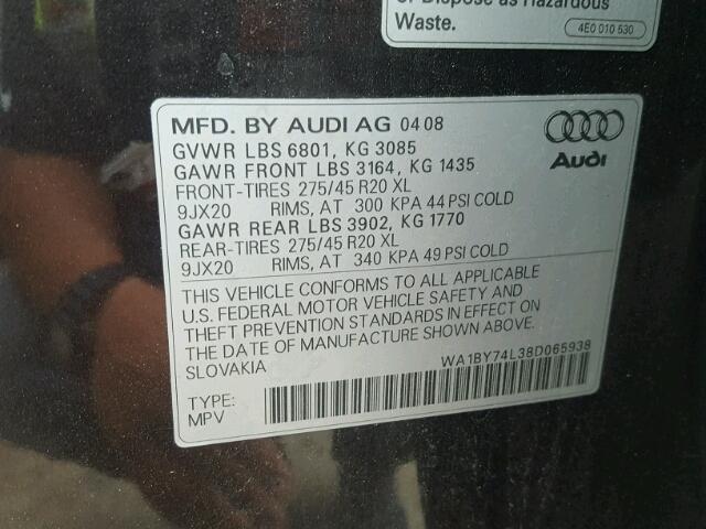 WA1BY74L38D065938 - 2008 AUDI Q7 3.6 QUA BLACK photo 10