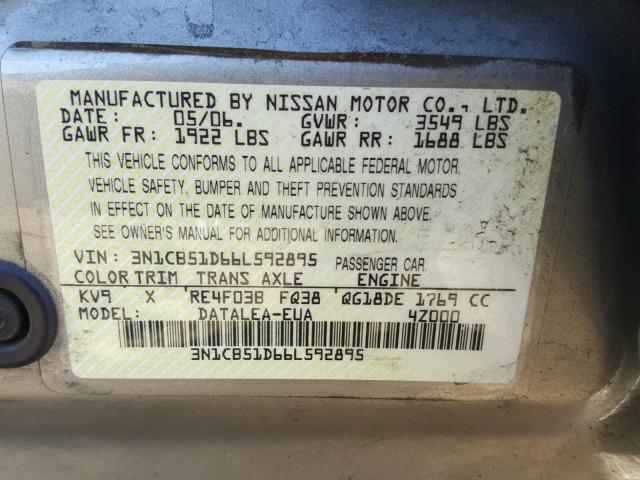 3N1CB51D66L592895 - 2006 NISSAN SENTRA 1.8 BROWN photo 10