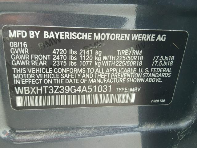 WBXHT3Z39G4A51031 - 2016 BMW X1 XDRIVE2 GRAY photo 10