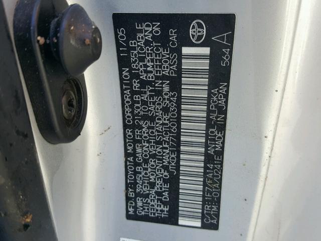 JTKDE177160103943 - 2006 TOYOTA SCION TC SILVER photo 10