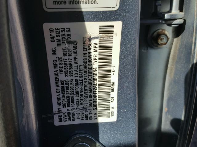 5J6RE4H72AL064844 - 2010 HONDA CR-V EXL BLUE photo 10