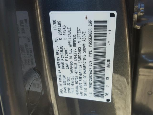 1HGCP26839A071669 - 2009 HONDA ACCORD EXL GRAY photo 10