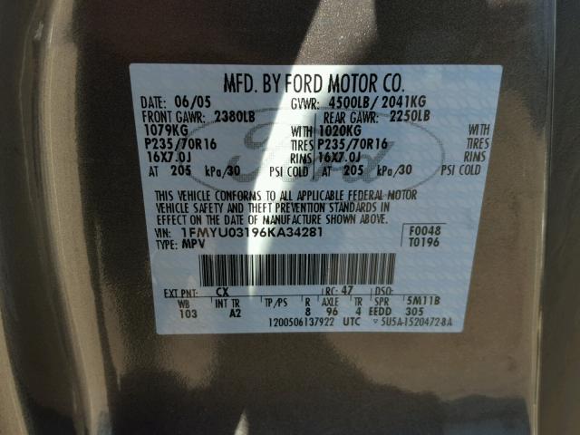 1FMYU03196KA34281 - 2006 FORD ESCAPE XLT GRAY photo 10