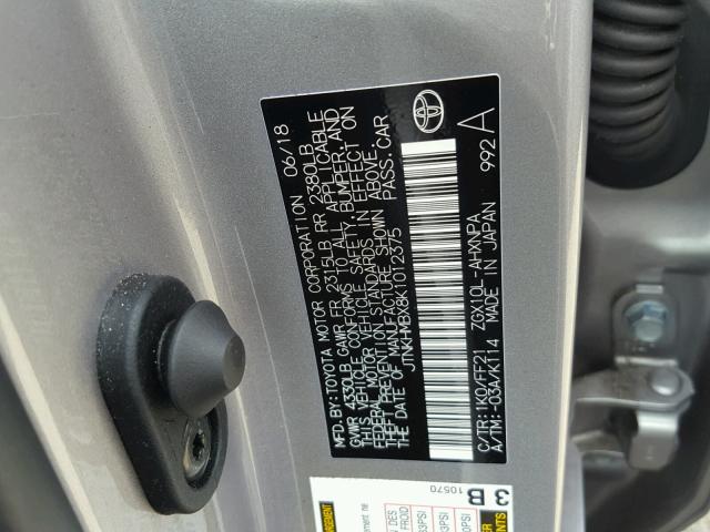 JTNKHMBX8K1012375 - 2019 TOYOTA C-HR XLE GRAY photo 10