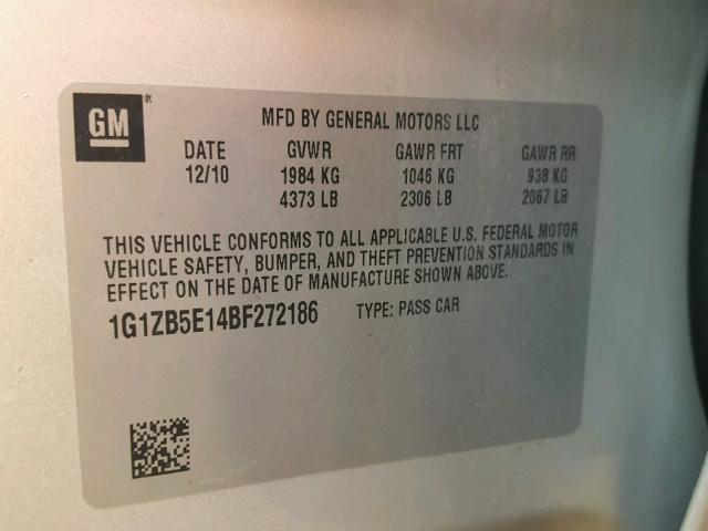 1G1ZB5E14BF272186 - 2011 CHEVROLET MALIBU LS ვერცხლისფერი ფოტო 10