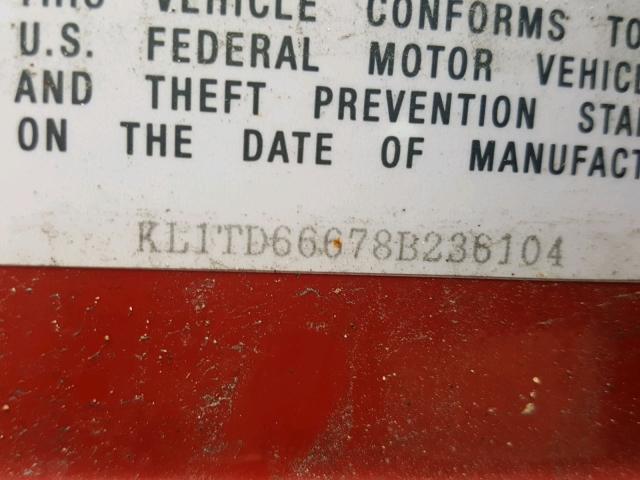 KL1TD66678B236104 - 2008 CHEVROLET AVEO BASE Czerwony zdjęcie 10