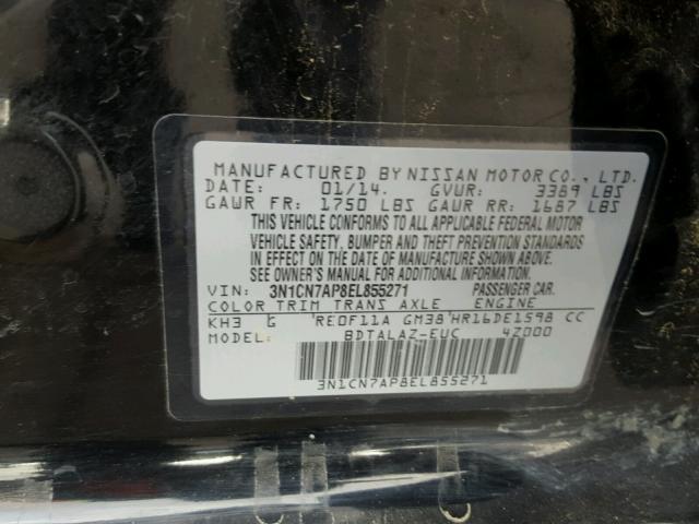 3N1CN7AP8EL855271 - 2014 NISSAN VERSA S BLACK photo 10