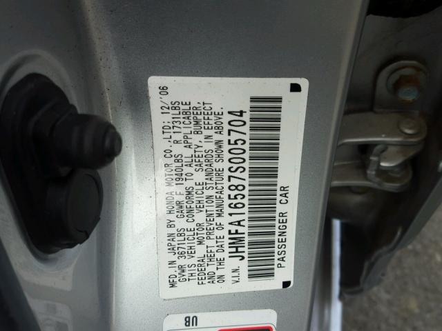 JHMFA16587S005704 - 2007 HONDA CIVIC LX SILVER photo 10