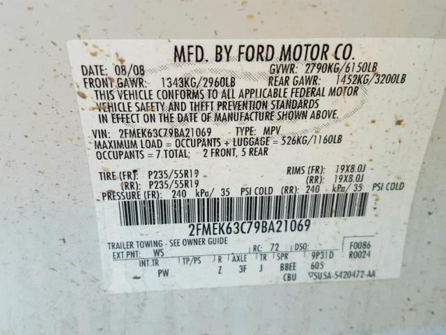 2FMEK63C79BA21069 - 2009 FORD FLEX LIMIT WHITE photo 10