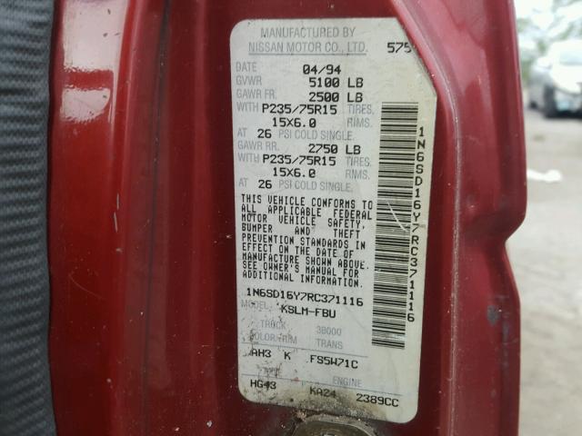 1N6SD16Y7RC371116 - 1994 NISSAN TRUCK KING RED photo 10