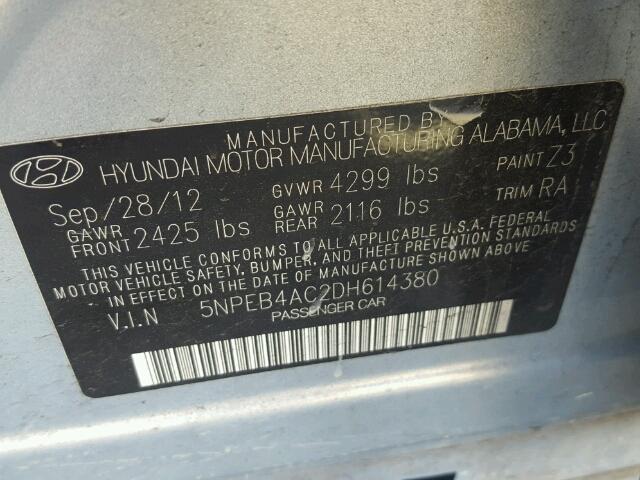 5NPEB4AC2DH614380 - 2013 HYUNDAI SONATA GLS SILVER photo 10