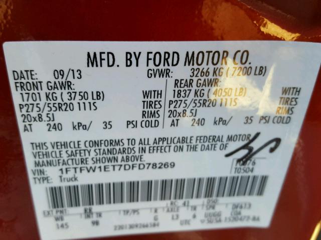 1FTFW1ET7DFD78269 - 2013 FORD F150 SUPER RED photo 10