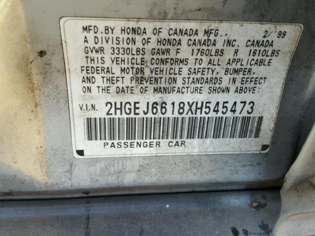 2HGEJ6618XH545473 - 1999 HONDA CIVIC BASE Gümüş foto 10