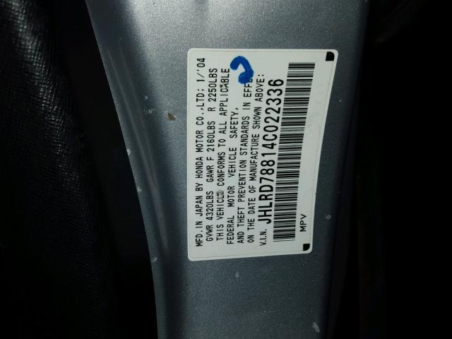 JHLRD78814C022336 - 2004 HONDA CR-V EX ვერცხლისფერი ფოტო 10