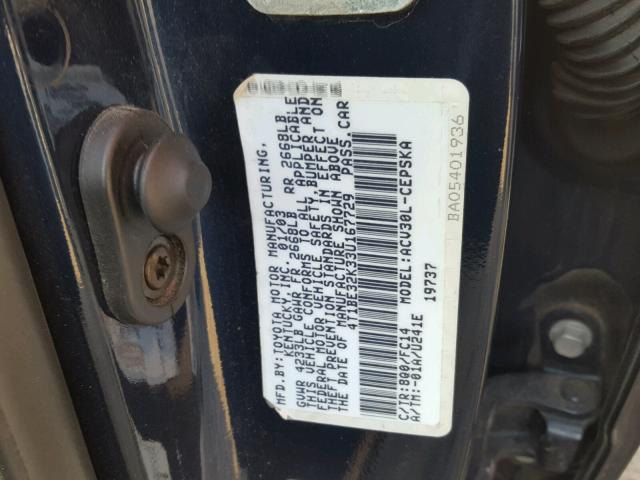 4T1BE32K33U167729 - 2003 TOYOTA CAMRY LE BLUE photo 10