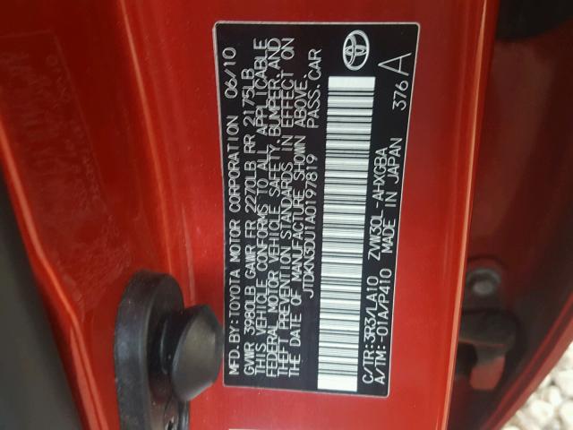 JTDKN3DU1A0197819 - 2010 TOYOTA PRIUS RED photo 10