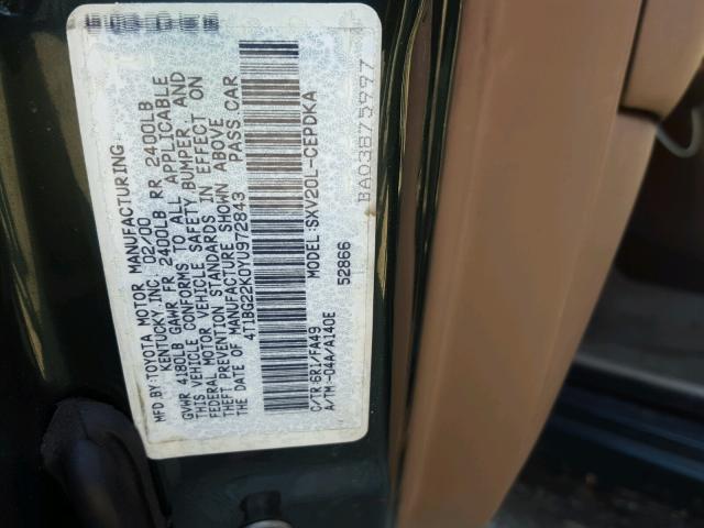 4T1BG22K0YU972843 - 2000 TOYOTA CAMRY CE GREEN photo 10