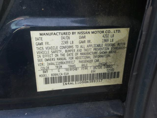 1N4AL11D96N399317 - 2006 NISSAN ALTIMA S BLUE photo 10