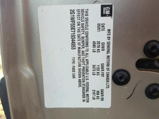 2G1WF55E719344953 - 2001 CHEVROLET IMPALA BROWN photo 10