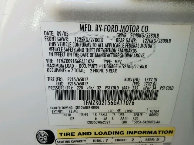 1FMZK02156GA11076 - 2006 FORD FREESTYLE WHITE photo 10