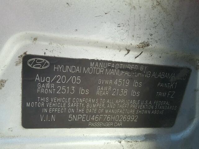 5NPEU46F76H026992 - 2006 HYUNDAI SONATA GLS SILVER photo 10