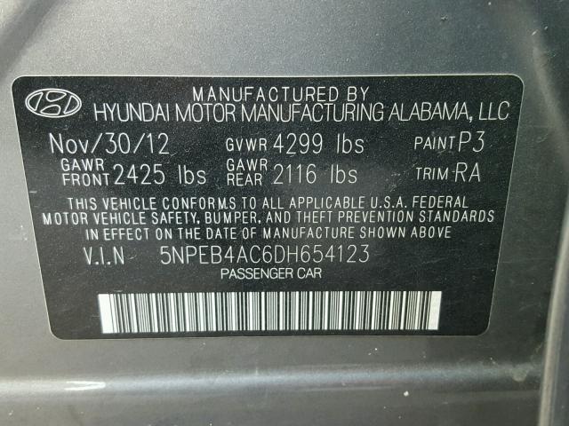 5NPEB4AC6DH654123 - 2013 HYUNDAI SONATA GLS GRAY photo 10