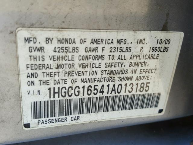 1HGCG16541A013185 - 2001 HONDA ACCORD EX SILVER photo 10