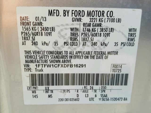 1FTFW1CFXDFB16291 - 2013 FORD F150 SUPER SILVER photo 10
