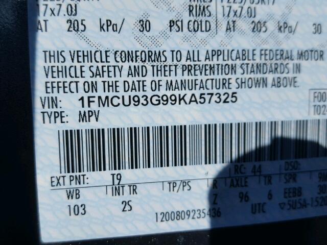 1FMCU93G99KA57325 - 2009 FORD ESCAPE XLT GRAY photo 10