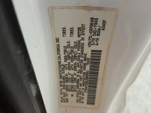 5TEWN72N81Z865331 - 2001 TOYOTA TACOMA XTR WHITE photo 10