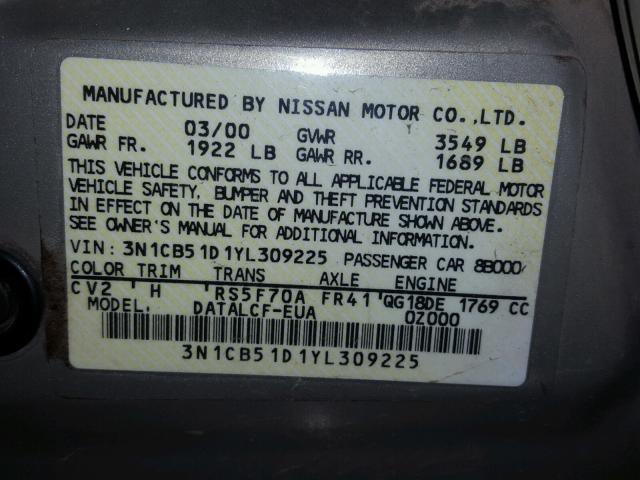 3N1CB51D1YL309225 - 2000 NISSAN SENTRA BAS GOLD photo 10