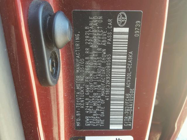 4T1BE32K95U080565 - 2005 TOYOTA CAMRY LE 红色 照片 10