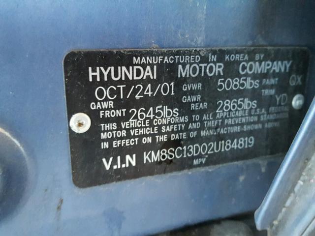 KM8SC13D02U184819 - 2002 HYUNDAI SANTA FE G BLUE photo 10