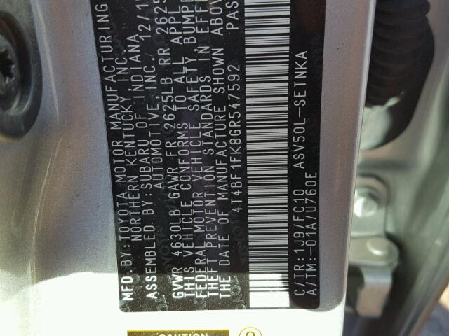 4T4BF1FK8GR547592 - 2016 TOYOTA CAMRY LE ვერცხლისფერი ფოტო 10