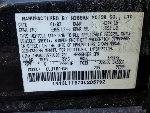 1N4BL11E73C205792 - 2003 NISSAN ALTIMA SE BLACK photo 10