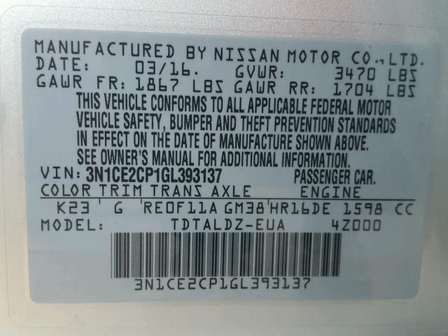 3N1CE2CP1GL393137 - 2016 NISSAN VERSA NOTE SILVER photo 10