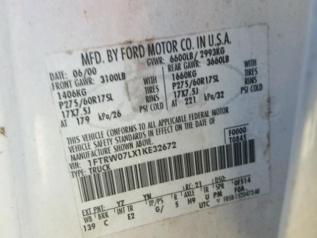 1FTRW07LX1KE32672 - 2001 FORD F150 SUPER WHITE photo 10