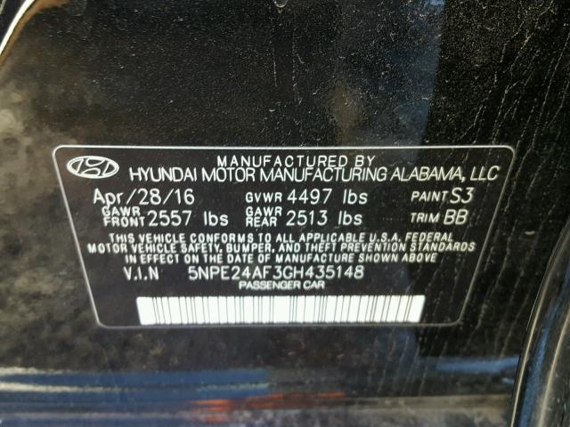 5NPE24AF3GH435148 - 2016 HYUNDAI SONATA SE BLACK photo 10