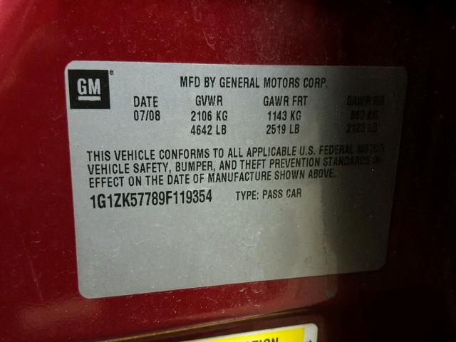 1G1ZK57789F119354 - 2009 CHEVROLET MALIBU LTZ 栗色 照片 10