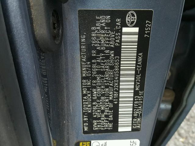 4T1BF32K04U586653 - 2004 TOYOTA CAMRY LE BLUE photo 10