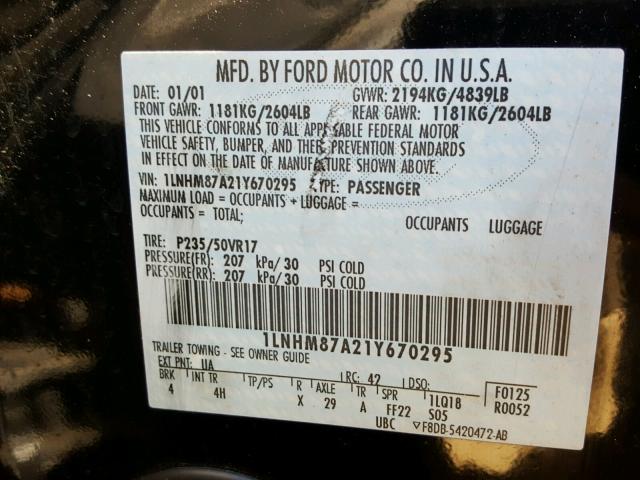 1LNHM87A21Y670295 - 2001 LINCOLN LS BLACK photo 10