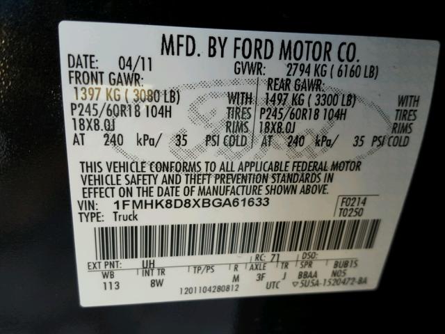 1FMHK8D8XBGA61633 - 2011 FORD EXPLORER X BLACK photo 10