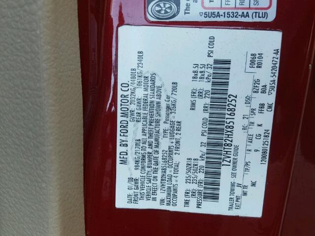 1ZVHT82HX85168252 - 2008 FORD MUSTANG GT RED photo 10