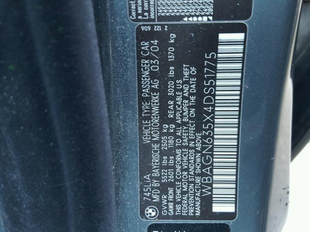 WBAGN635X4DS51775 - 2004 BMW 745 LI GRAY photo 10