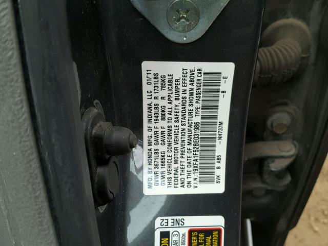 19XFA1F52BE031986 - 2011 HONDA CIVIC LX GRAY photo 10