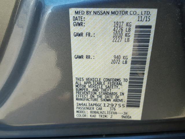 1N4AL3AP6GC129755 - 2016 NISSAN ALTIMA 2.5 GRAY photo 10