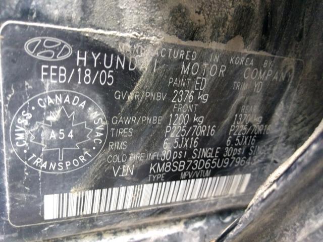 KM8SB73D65U979643 - 2005 HYUNDAI SANTA FE B BLACK photo 9