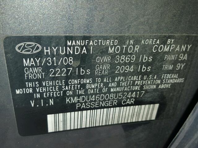 KMHDU46D08U524417 - 2008 HYUNDAI ELANTRA GL GRAY photo 10