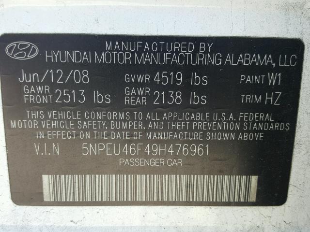 5NPEU46F49H476961 - 2009 HYUNDAI SONATA SE WHITE photo 10